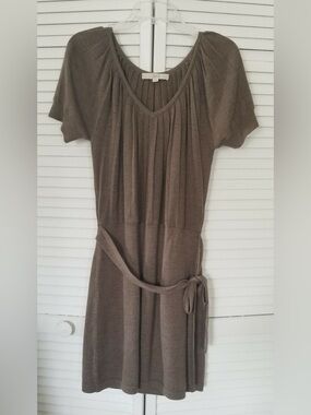 LOFT Taupe Short Sleeve V-Neck Knit Dress with Self Tie